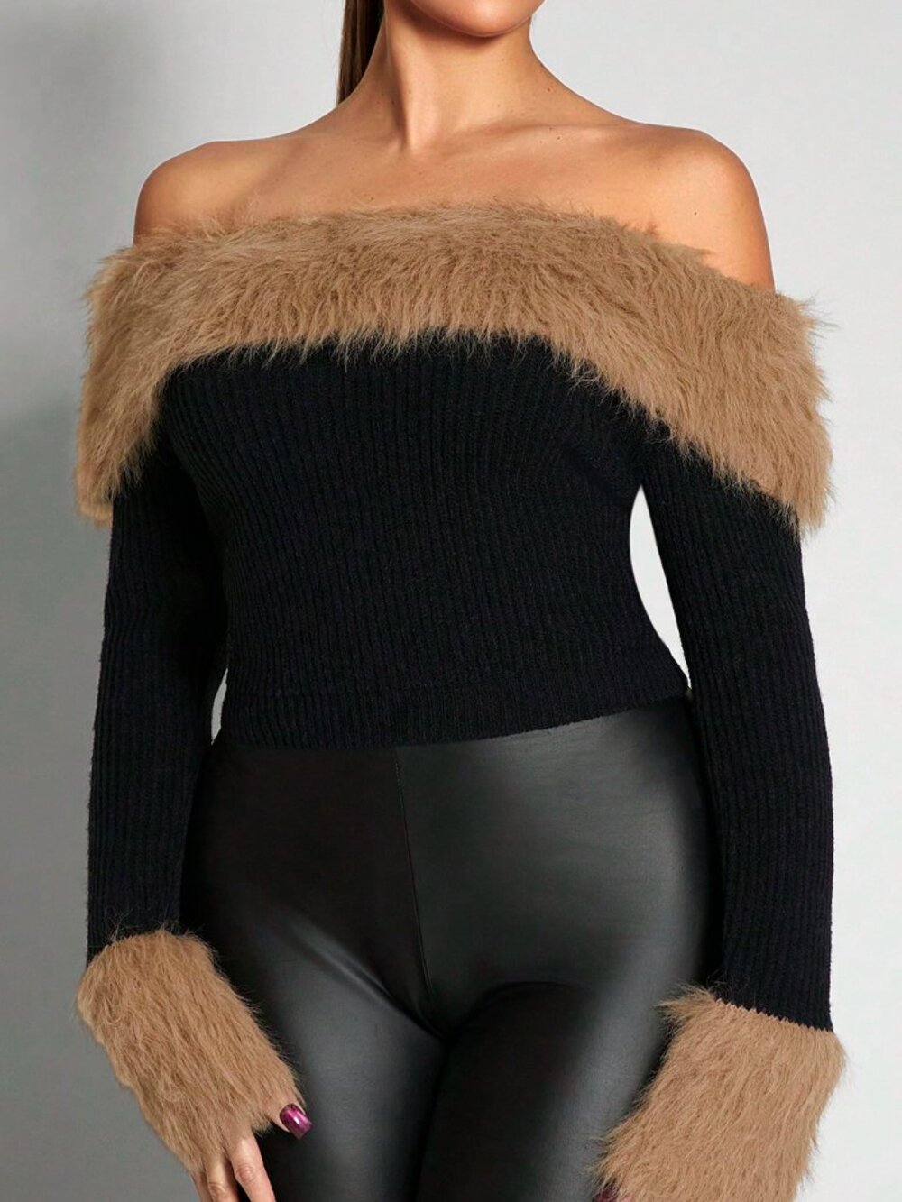 Black Casual Women's Patchwork Long Sleeve Knit Sweater Knit Pullover